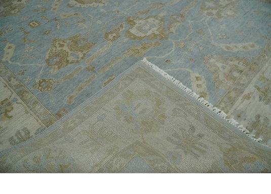 Traditional Oushak Hand Knotted Blue, Brown, Ivory and Olive 9x12 ft Bedroom, Living Room Rug ,wool Area Rug