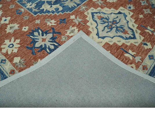 Custom Made Traditional Motifs Rust, Blue, And Ivory Hand Tufted Wool Area Rug