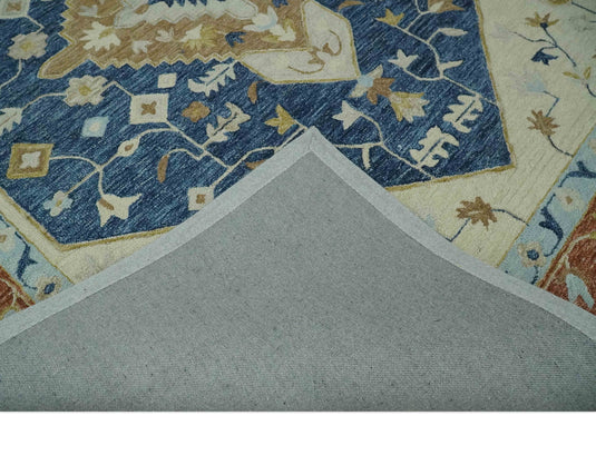 Custom Made Traditional Floral Blue, Silver, Ivory And Rust Hand Tufted wool Area Rug