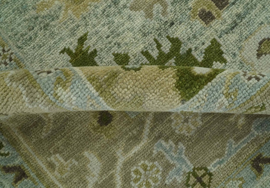 Custom Made Hand Knotted Floral Green And Gray Wool Area Rug