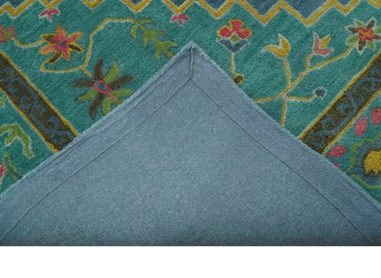 Custom Made Traditional Floral And Botanical Pattern Green, Blue And Yellow Hand Tufted Wool Area Rug