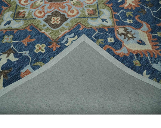 Custom Made Medallion Blue, Rust, Olive And Ivory Hand Tufted Wool Area Rug