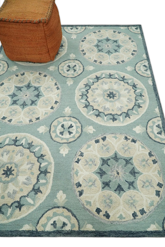 Custom Made Round Boho Pattern Sage Green And Beige Hand Tufted Wool Area Rug