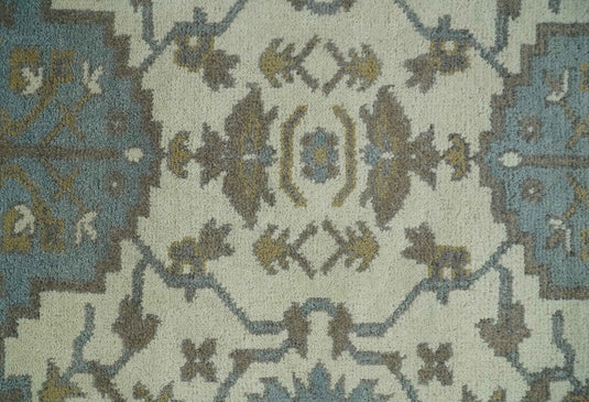 Traditional 8x10 Ivory and Brown Hand Knotted Oushak Wool Area Rug