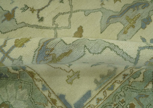 Custom Made Hand Knotted Sage Green, Beige, Gray And Green Oriental Oushak Wool Area Rug
