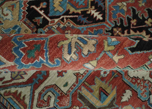 Vintage look Rust, Ivory and Black Hand knotted 8x10 Traditional Heriz wool Area Rug