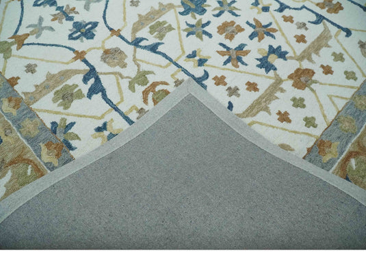 Custom Made Traditional Pattern Brown, Blue, Silver, And Ivory Hand Tufted Wool Area Rug