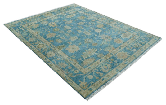 Hand Knotted Oriental Oushak Rug Blue and Beige Multi Size Ideal for Living, Bedroom, and Dining Rooms