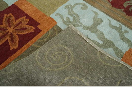 Traditional Leaf Block Print Handloom Green, Aqua and Olive 5x8 ft Bedroom, Living Room Rug , Wool  Area Rug AAOC858