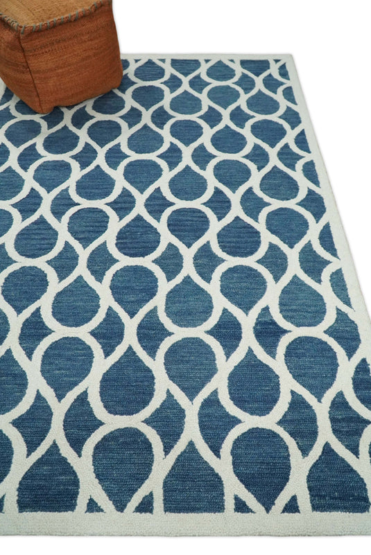 Custom Made Modern Trellis Pattern Blue And Ivory Hand Tufted Wool Area Rug