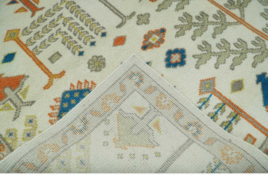 Tree Of Life Traditional Floral Ivory, Gray, Orange and Blue Hand Knotted 8x10 ft wool Area Rug