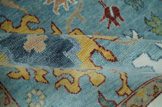 Vibrant Colorful Light Blue and Ivory Traditional Floral Hand knotted 9x12 Oushak wool Rug