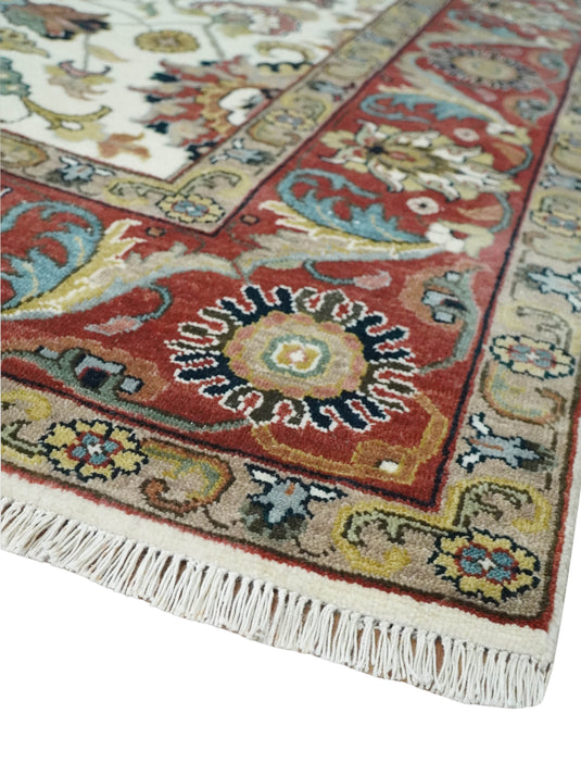 Beautiful Premium look Hand knotted Ivory and Red 8x10 wool Area Rug