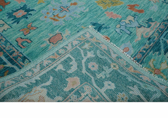 Traditional Oriental Colorful Oushak Hand knotted Green and Blue 9x12 ft Bedroom, Living Room Rug ,wool Area Rug