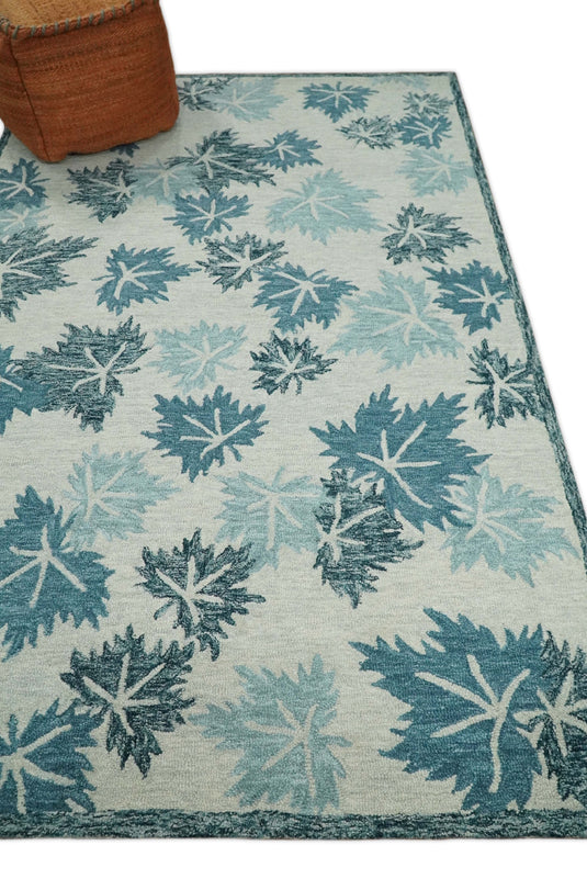 Custom Made Leaves Pattern Teal And Ivory Hand Tufted Wool Area Rug