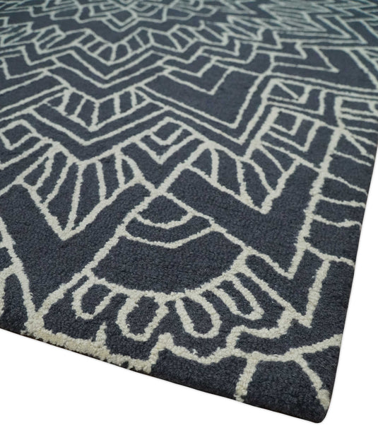 Custom Made Geometrical Radial lines Charcoal And Ivory Hand Tufted  Wool Area Rug