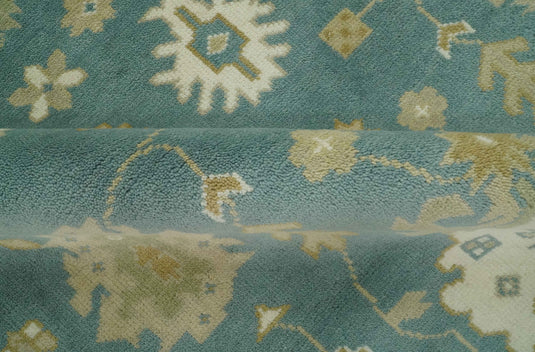 Custom Made Hand Knotted Teal And Beige Classic Oriental Oushak Rug Wool Area Rug