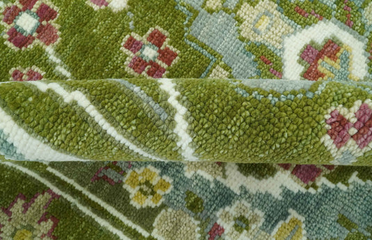 Custom Made Hand Knotted Green Peacock Motifs Wool Area Rug