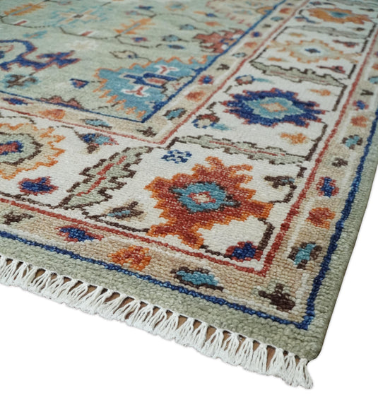 Custom Made Turkish Antique Green And Ivory Traditional Hand Knotted Oushak Wool Area Rug