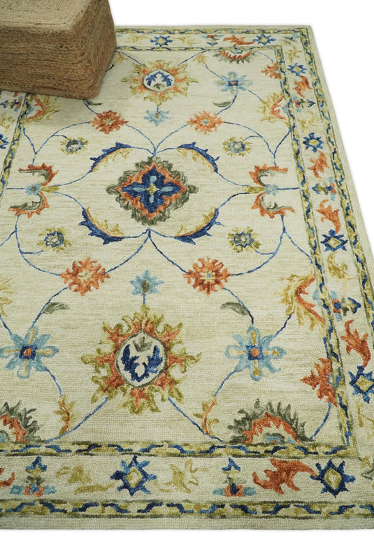 Custom Made Floral Pattern Beige, Rust, Blue And Olive Hand Tufted Wool Area Rug