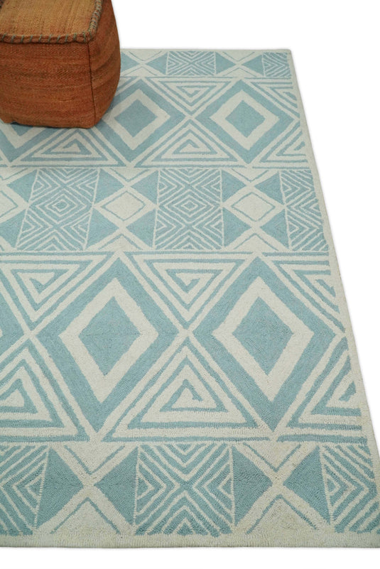 Custom Made Modern Geometrical Ivory And Sage Blue Hand Tufted Wool Area Rug