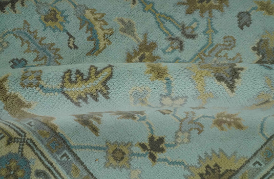 Custom Made Hand Knotted Traditional Floral Aqua, Beige, Gray And Charcoal Wool Area Rug