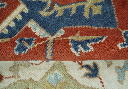 Custom Made Traditional Medallion Pattern Red, Blue, Ivory and Olive Hand Knotted wool Area Rug