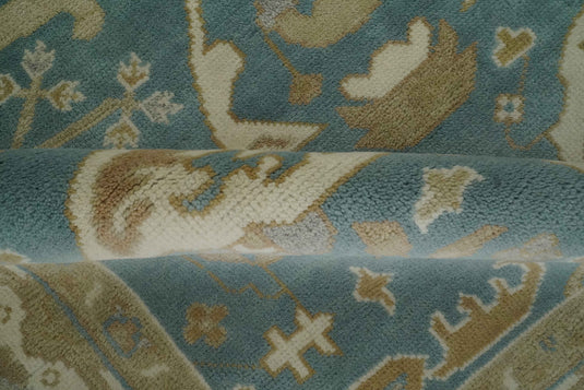 Custom Made Hand Knotted Classic Oushak Beige, Ivory And Dark Teal Wool Area Rug