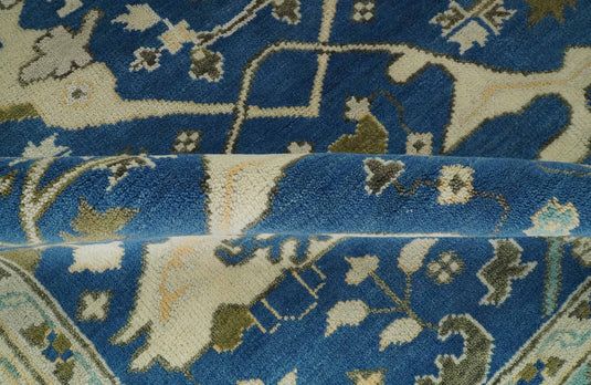 Custom Made Hand Knotted Oriental Oushak Blue, Ivory And Olive Wool Area Rug