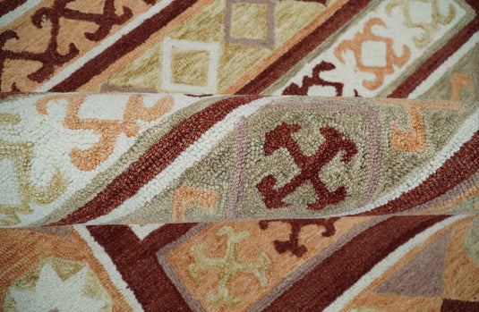 Custom Made Geometrical Maroon, Ivory, Beige And Light peach Hand Tufted  Wool Area Rug