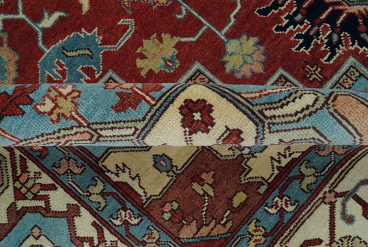 Hand Knotted Aqua, Ivory And Rust Traditional Wool Rug 9x12 ft Ideal for Living, Bedroom And Dining Rooms | CP2472912