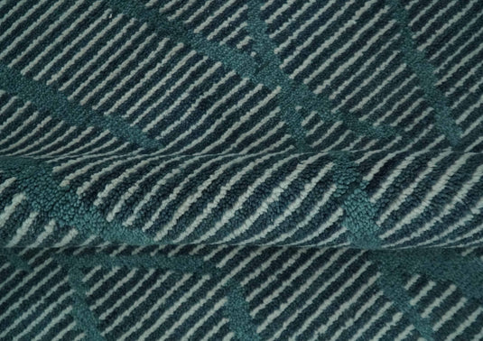 Custom Made Modern Horizontal Stripes Teal Hand Knotted Wool Area Rug