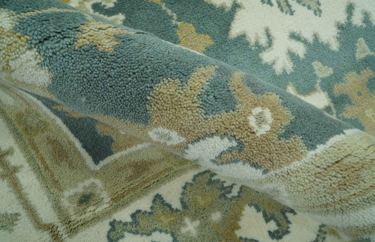 Custom Made Hand Knotted Classic Floral Motifs Oushak Rug Deep Green, Ivory And Olive Wool Area Rug