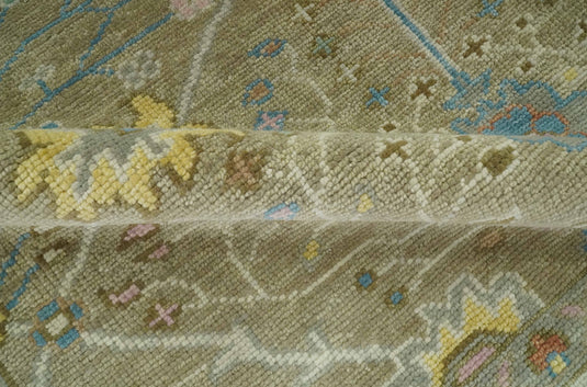 Custom Made Hand Knotted Olive, Blue And Yellow Traditional Floral Wool Area Rug
