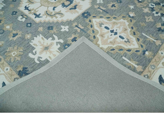 Custom Made Gray, Blue, Beige And Ivory Traditional Medallion Hand Tufted Wool Area Rug