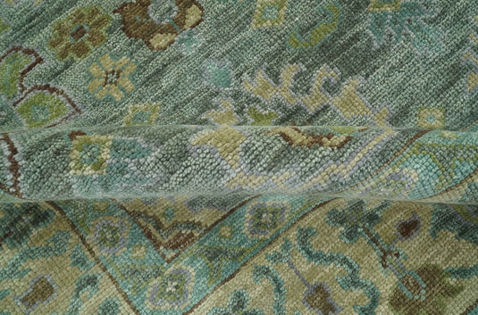 Custom Made Hand Knotted Green And Blue Floral Wool Area Rug