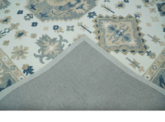 Custom Made Ivory, Beige, Gray And Blue Traditional Medallion Hand Tufted Wool Area Rug