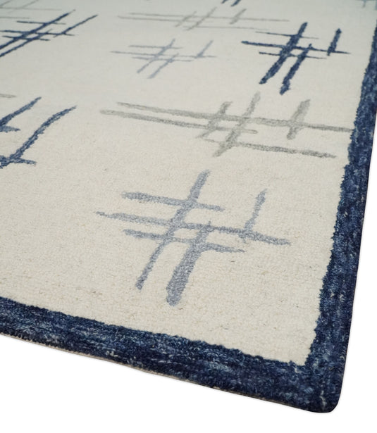 Custom Made Modern Crosses Pattern Ivory, Blue And Gray Hand Tufted  Wool Area Rug