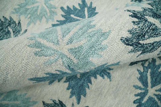 Custom Made Leaves Pattern Teal And Ivory Hand Tufted Wool Area Rug