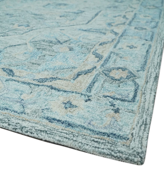 Custom Made Gray, Blue, Aqua And Beige Traditional Medallion Pattern Hand Tufted Wool Area Rug