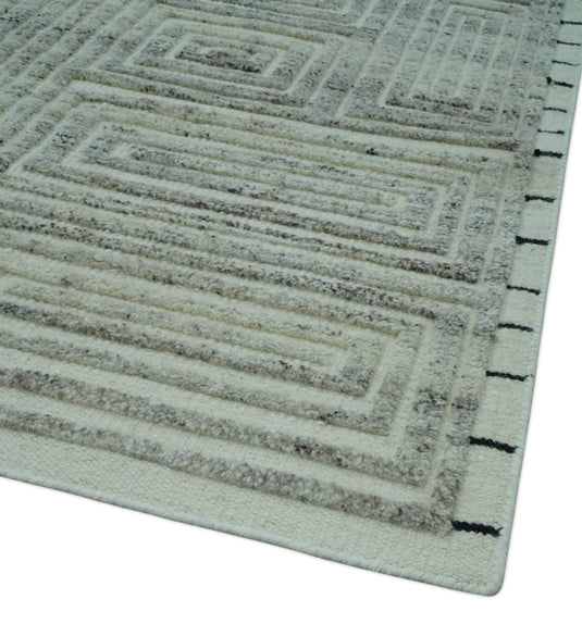 Modern Maze Pattern Gray And White Hand Knotted 5x8 ft Bedroom, Living Room Rug Wool Area Rug