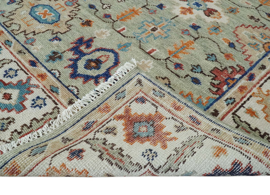 Custom Made Turkish Antique Green And Ivory Traditional Hand Knotted Oushak Wool Area Rug