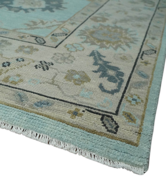 Traditional Oushak Hand Knotted Light Blue And Ivory 8x9.6 ft Bedroom, Living Room Rug Wool Area Rug