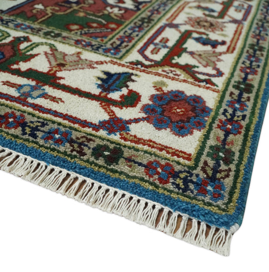 Hand Knotted Heriz Serapi Rug Ivory and Blue 8x10 ft Ideal for Living, Bedroom, and Dining Rooms | CP1857810