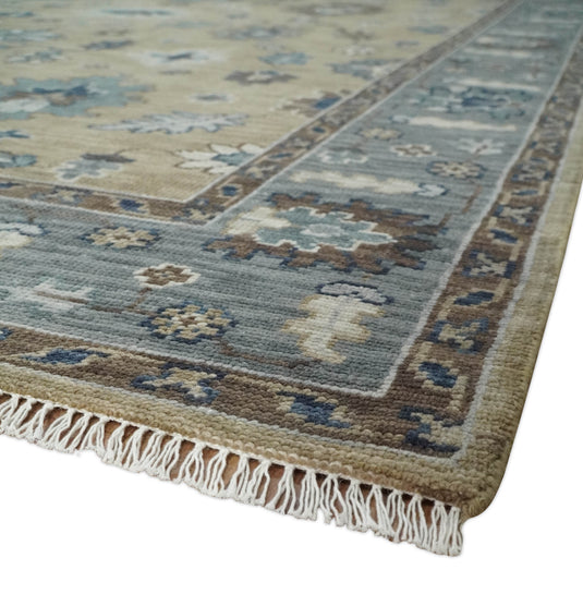 Custom Made Traditional Floral Light Brown and Gray Hand Knotted Oushak Wool Area Rug