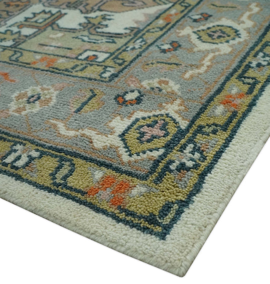 Custom Made Traditional Medallion Pattern Ivory, Brown, Gray and Olive Hand Knotted wool Area Rug