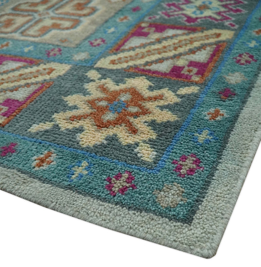 Custom Made Traditional Medallion Pattern Beige, Grey and Blue Hand Knotted wool Area Rug