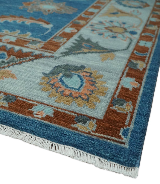 Traditional Floral Oushak Hand Knotted Blue, Gray, Silver, Maroon And Peach 8x10 ft Bedroom, Living Room Rug Wool Area Rug