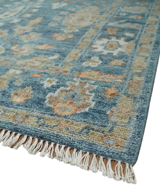 Custom Made Traditional Antique Blue And Beige Hand Knotted Oushak Wool Area Rug