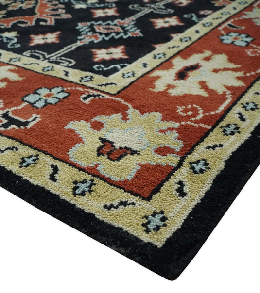 Traditional Tribal Pattern Black, Rust And Ivory Hand Knotted 8x10 ft wool Area Rug